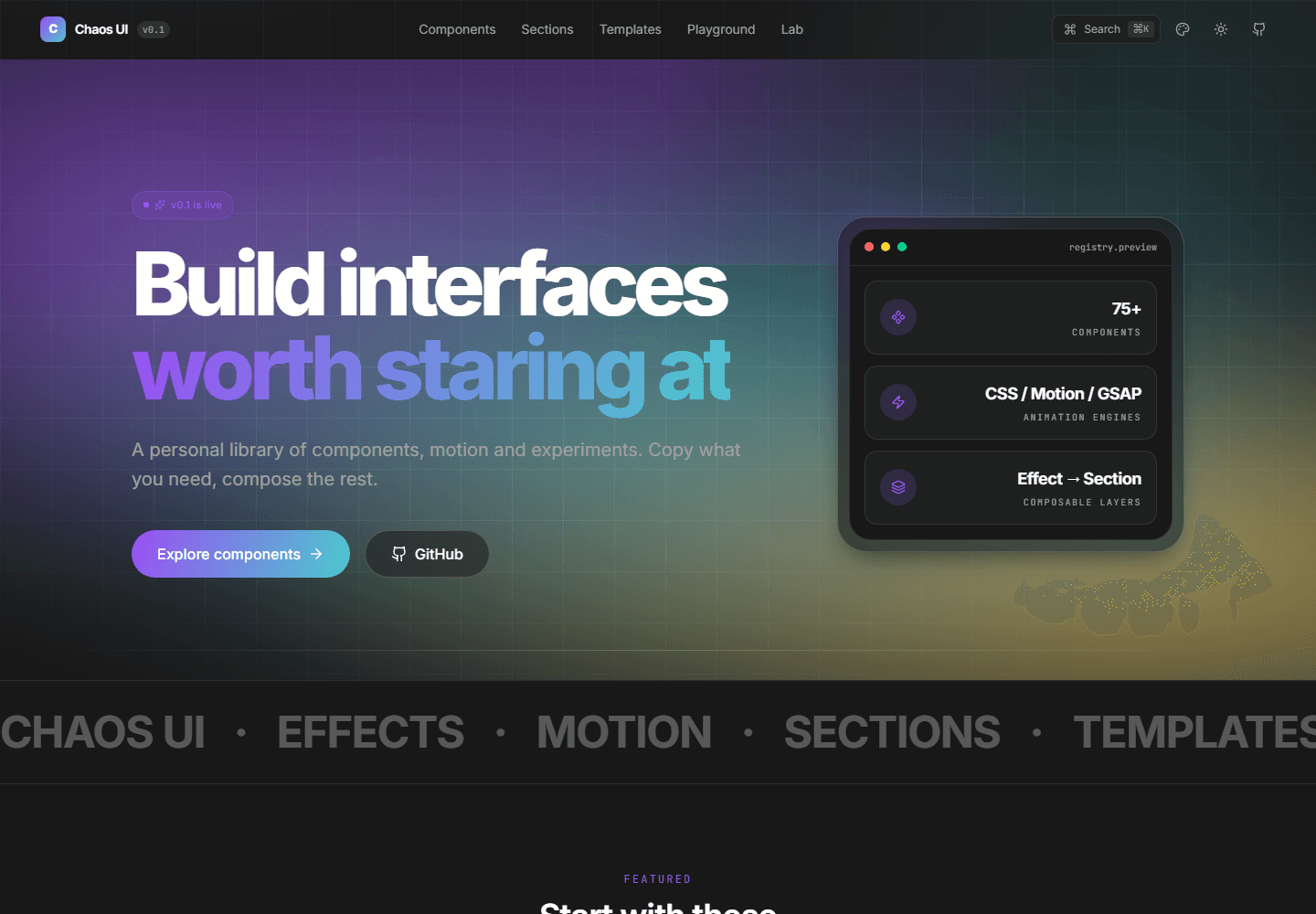 Chaos UI component library with a gradient hero and component registry preview