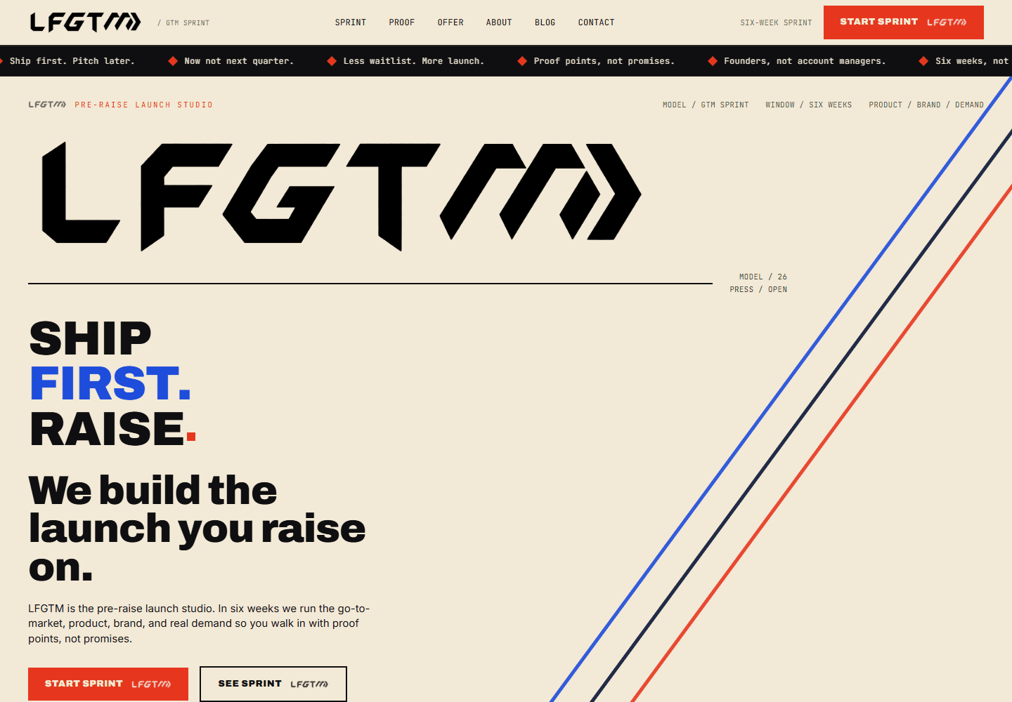 LFGTM pre-raise launch studio homepage with bold black typography and blue and orange diagonal lines