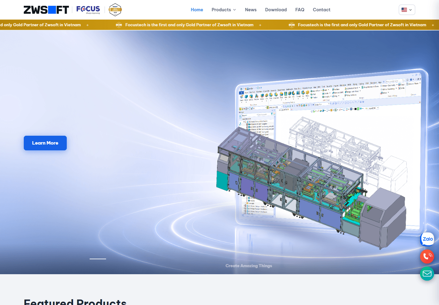 ZWCAD Vietnam homepage showing a CAD workstation and industrial model